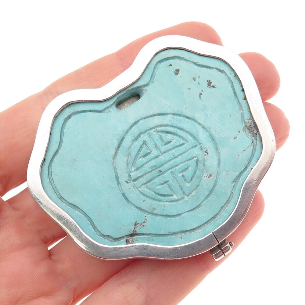 SIERRA 925 Sterling Vintage Mexico Turquoise Chinese Longevity Slide Pin Pendant